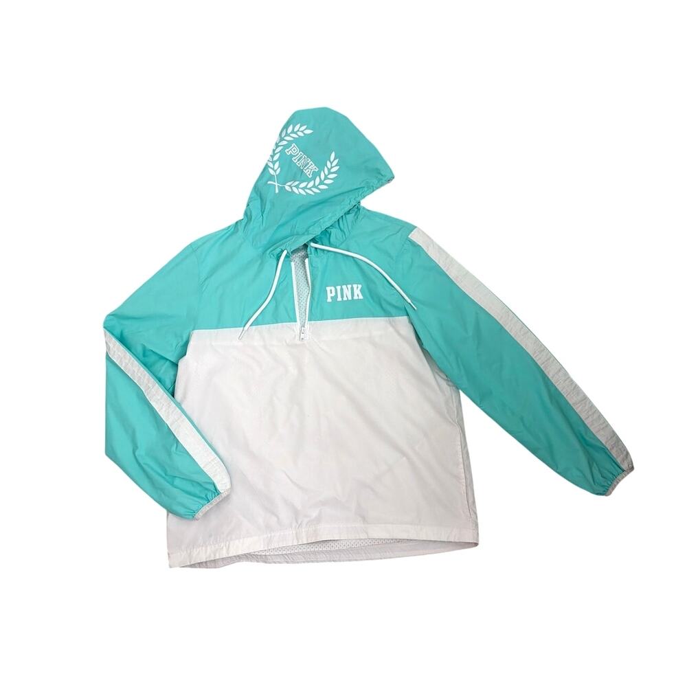 Victoria's Secret PINK Mint Green White Hood Pullover Windbreaker Jacket Medium